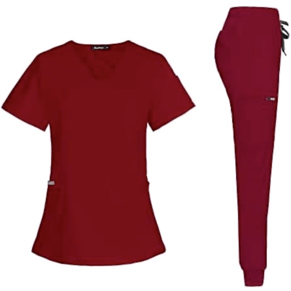 NWOT niaahinn Scrub Set Modern V-neck & Drawstring Jogger Pants w/Ribbed Cuff, S - Picture 1 of 13